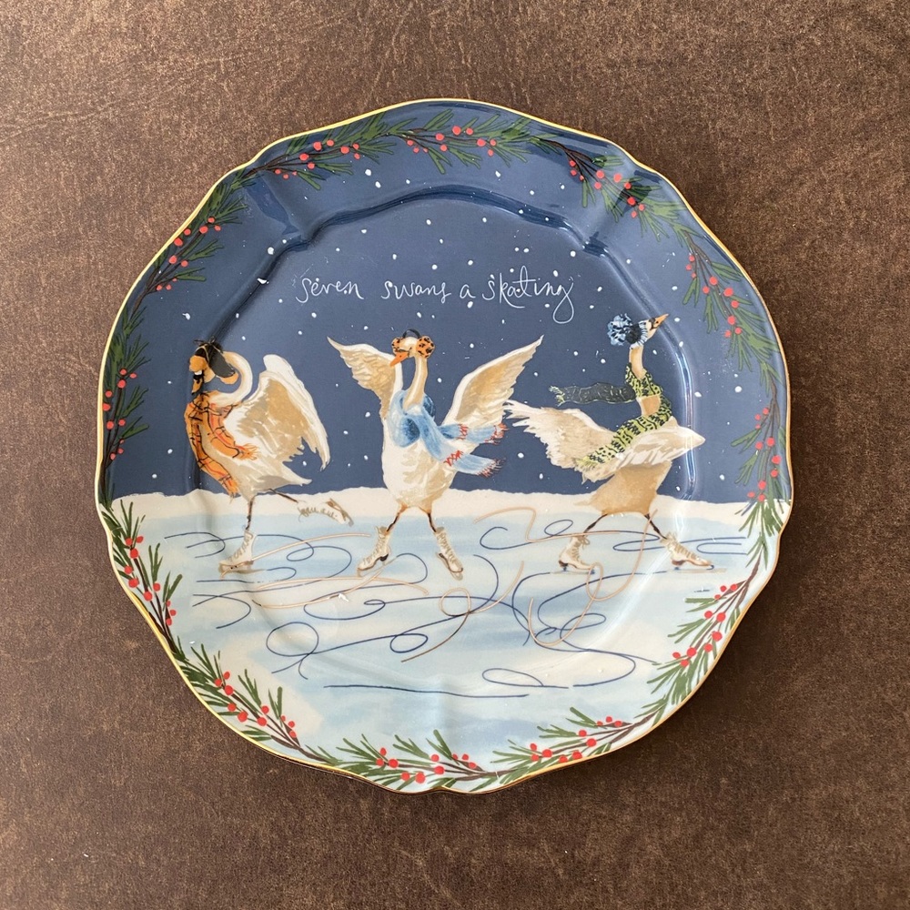 BNIB Anthropologie Dessert Plate 2020 12 Days of Christmas Seven Swans A Skating